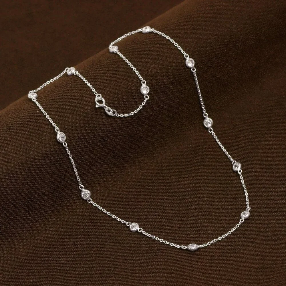 925 Sterling Silver CZ Station Necklace for Women | Italian Round Cubic Zirconia - Picture 4 of 6